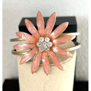 60s Pink Floral Daisy Peach Enamel Rhinestone Gold Tone Cuff Hinge Bracelet